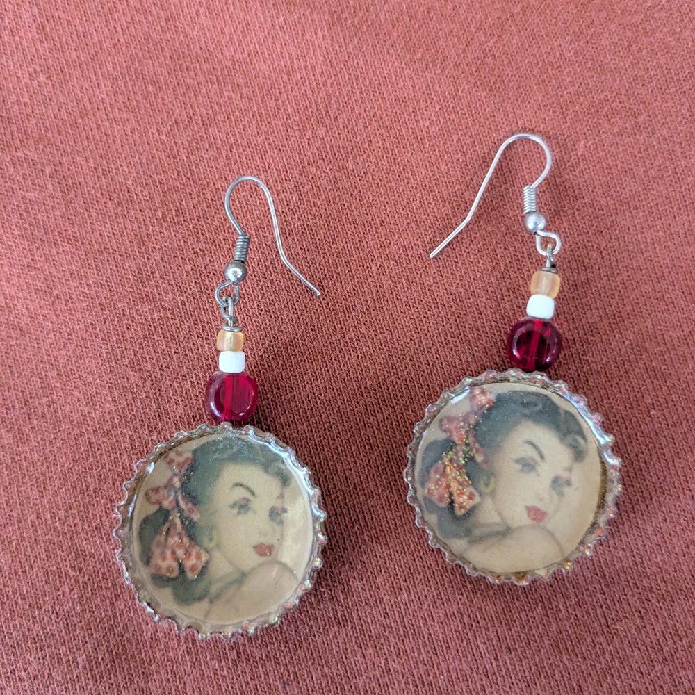 Handmade Pinup Vintage Portrait Bottle Cap Earrings